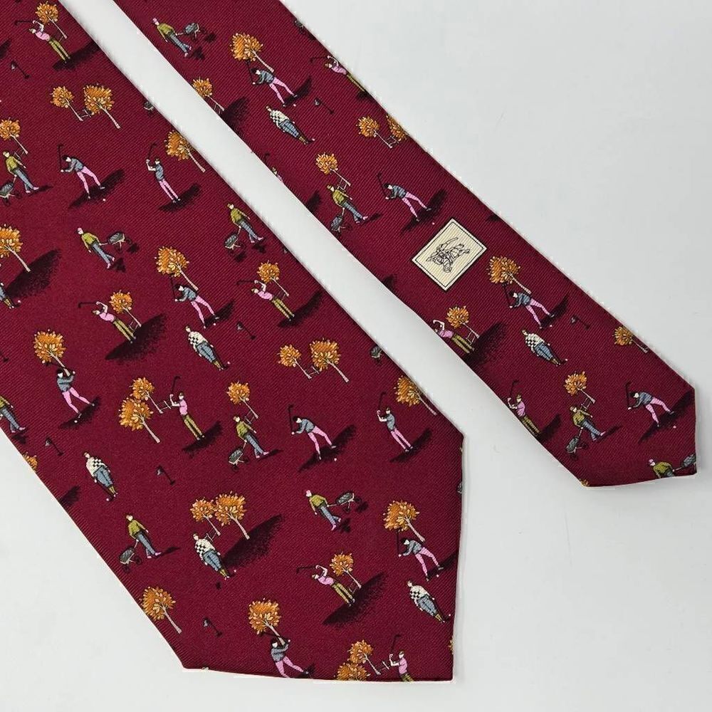 BURBERRY LONDON SILK TIE RED BURGUNDY AUTUMN FALL GOLF PATTERN 3.75" X 57"